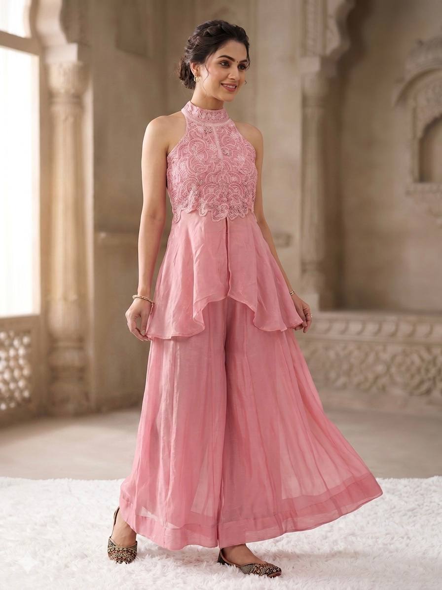 Elegant Blush Pink Peplum Kurti and Flared Palazzo Set Embellished with Delicate Resham Embroidery and Mirror Work